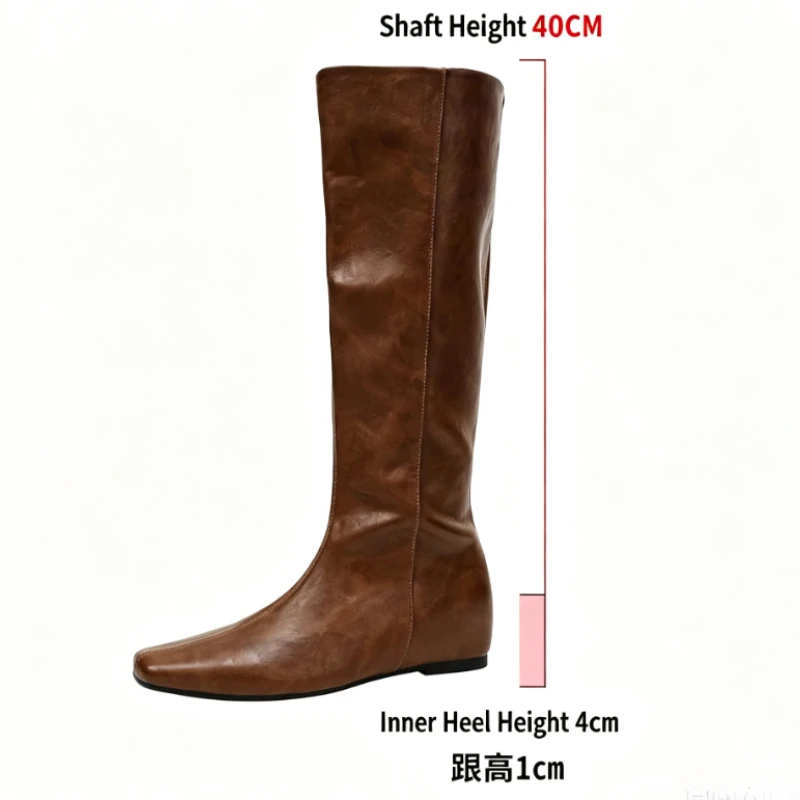 Vintage Brown Soft Leather Knee-High Boots Women Wedges Square-Toe Height Increasing Long Boot 2027 Winter Designer Knight Boots
