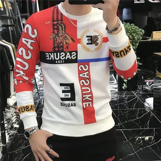 Stylowa młodzieńcza witalność t-shirt z literami wiosna jesień okrągły dekolt męska odzież z długim rękawem casualowa ze splotem swetry z nadrukami