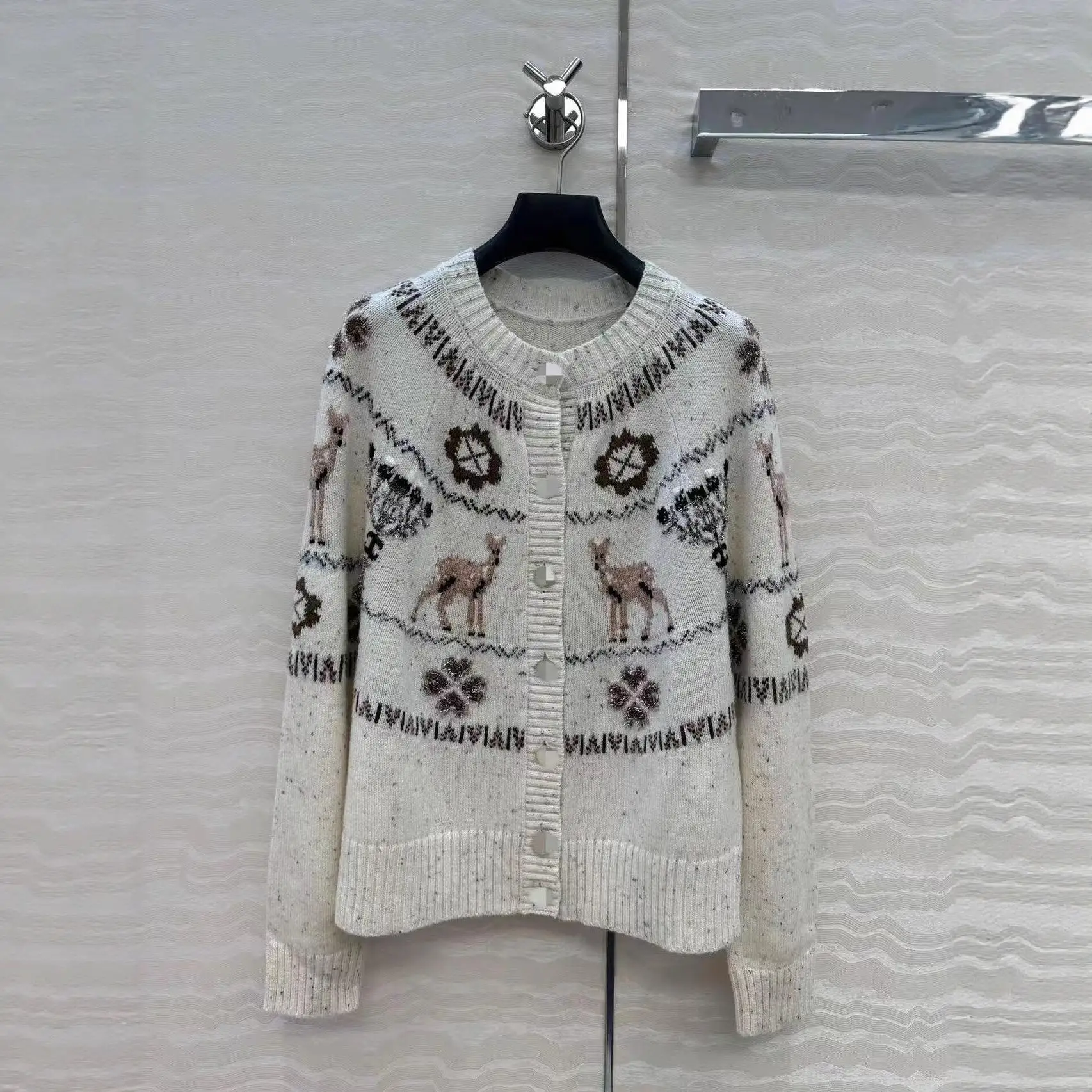 

Floral round Neck Knitted Cardigan Embellished Sleeve Opening Spring Summer New Style Animal Pattern Loose Fit Women's Sweater