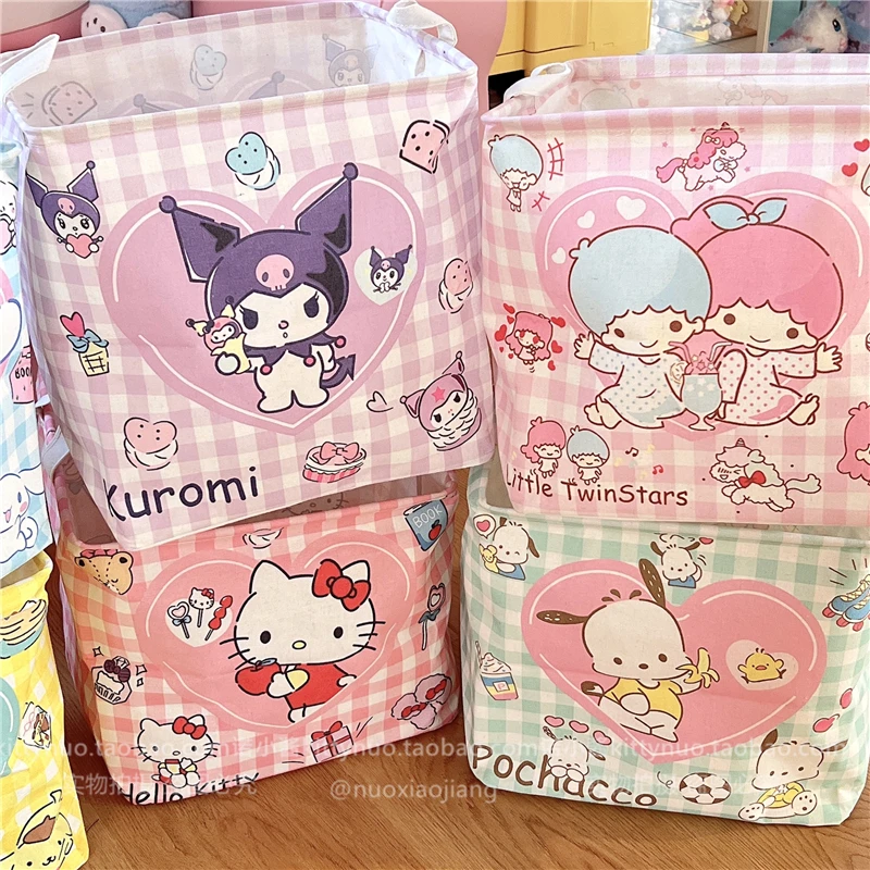 Kawaii Kuromi My Melody Cinnamoroll Cotton Linen Foldable Laundry Basket Anime Sanrio Girl Heart Cute Waterproof Storage Basket