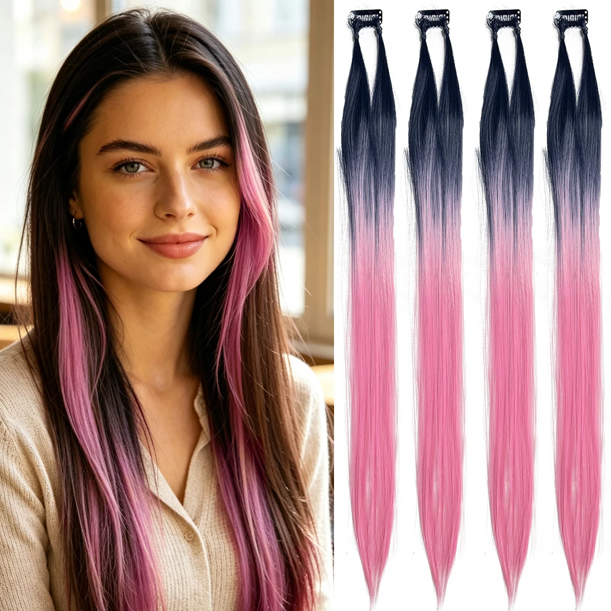 Clip‑in Hair Extensions Long Straight Ombre Synthetic Hair Pieces 2Pcs/Set Fashion Highlight Hair For Women Hair Accessories