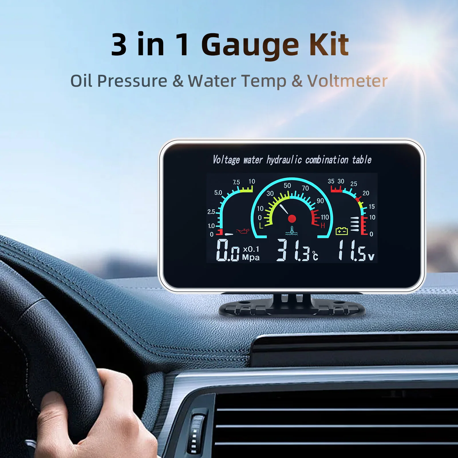 AD 3in1 Digital Meter DC 12V/24V Vehicle LCD Water Temperature Meter Thermometer Voltmeter Oil Pressure Gauge 10mm Sensor BG002