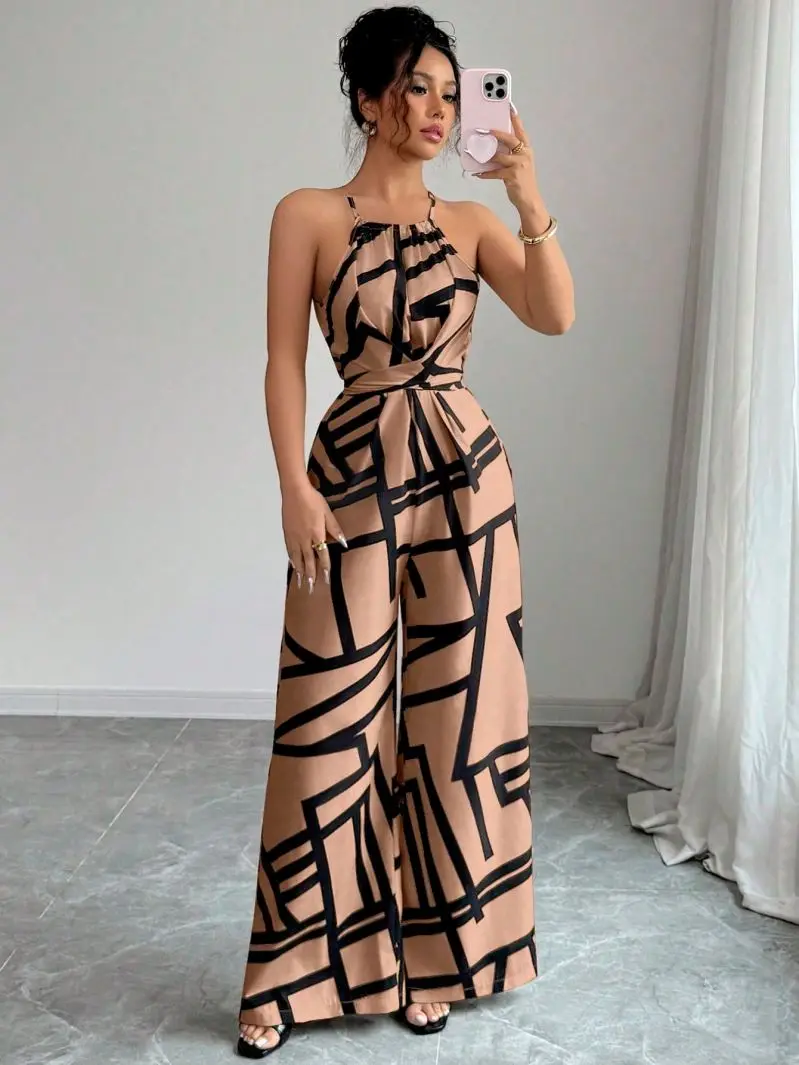Fashionable Wide Leg Jumpsuit Hanging Neck Waist Design Casual Commuting Outfit Feminine Temperament