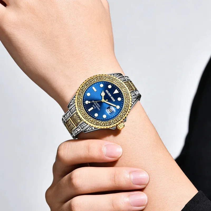 

GOLDENHOUR Luxury Men Watch Retro Carved Stainless Steel Quartz Wristwatch Fashion Blue Dial Waterproof Luminous Date Clock Male