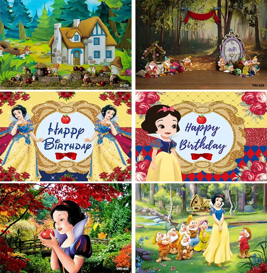 

Cartoon Snow White Birthday Backdrop Flowers Princess Girls Kids Party Decoration Backgrounds Photography Photo Studio