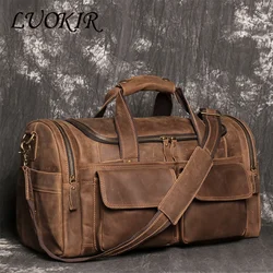 LUOKIR New Crazy Horse Leather Tote Luggage Bag Genuine Leather Men's Shoulder Crossbody Bag Short Trip Cowhide Travel Bag