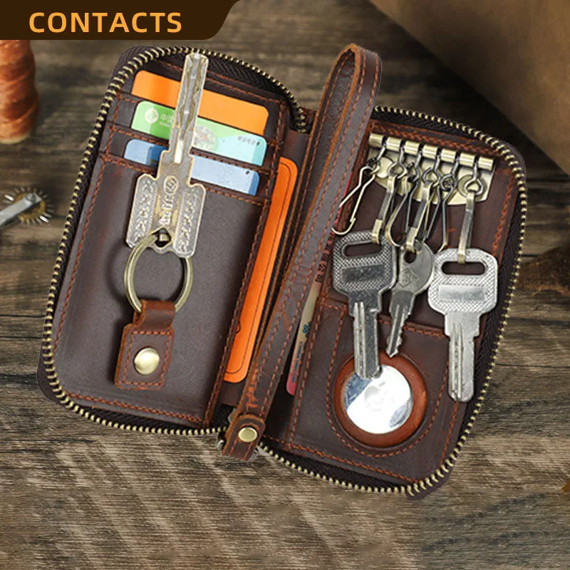 Genuine Leather Retro Color-Changing Cowhide Key Pouch with Wrist Strap Zipper RFID Anti-Theft Simple Key Card Holder