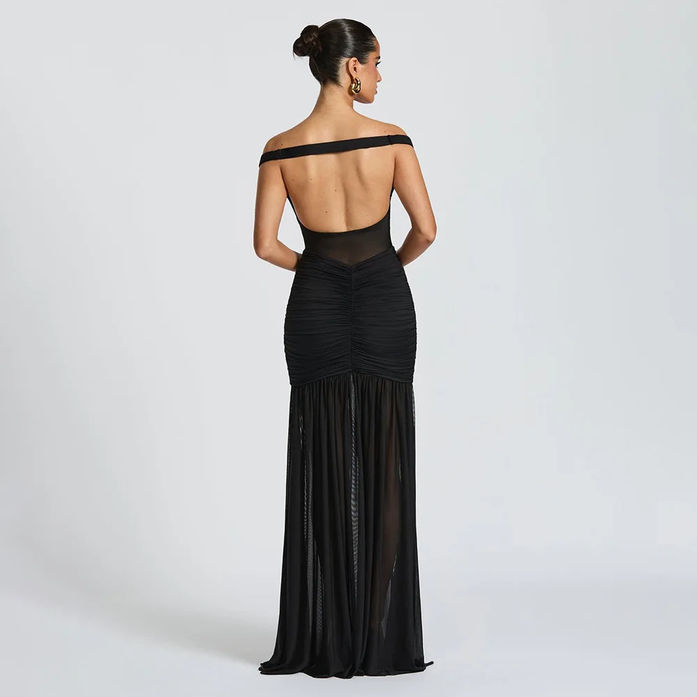 2025 ฤดูร้อน SHEER แผงชุดนางเงือกปิดไหล่ลึก V คอต่ํากลับ Slit Draped เอวชุดชีฟองสีแดงพรมงานแต่งงาน