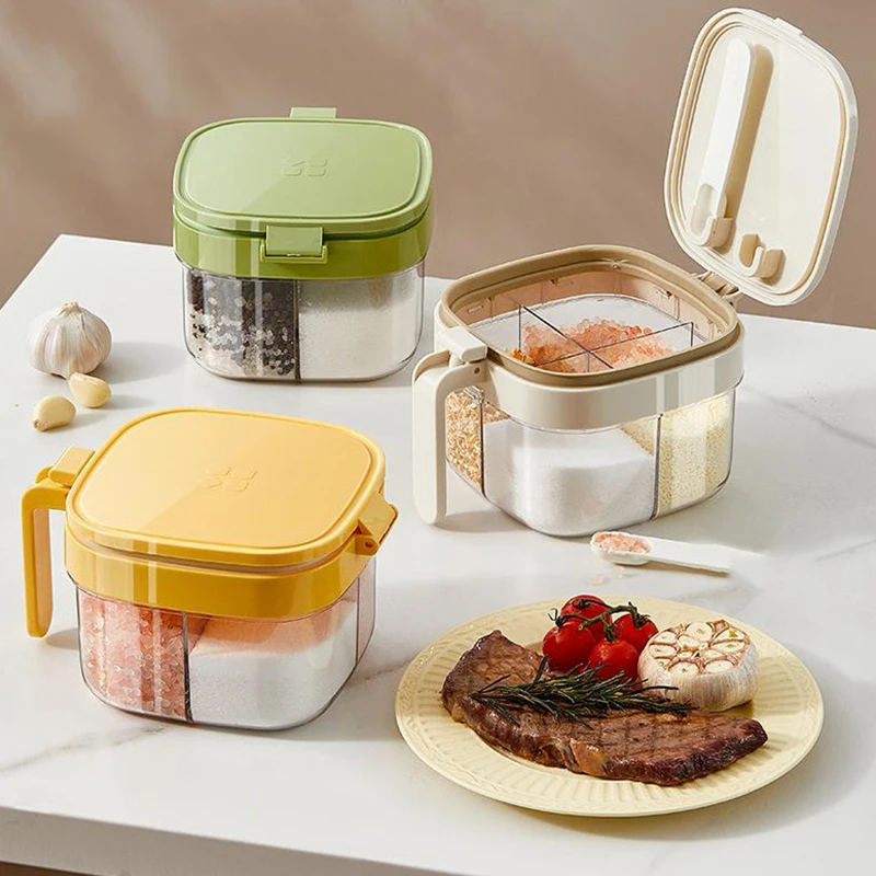 1Pieces Seasoning Box With Lid And Spoon, 4 Compartment Spice Pots With Handle, Home Kitchen Condiment Jars Outdoor Tableware