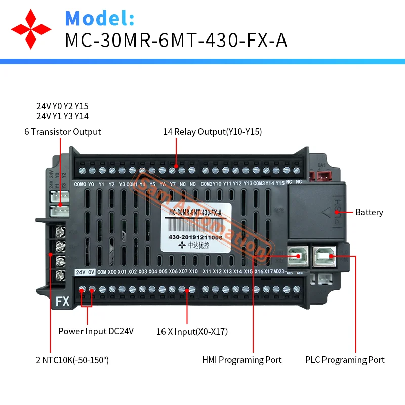 YKHMI 4.3 Inch PLC HMI All-In-One, 16 Input 14 Output, 2 High Speed Pulse 100K, Built-In Analog AD/DA/Temperature NTC10K -50-150