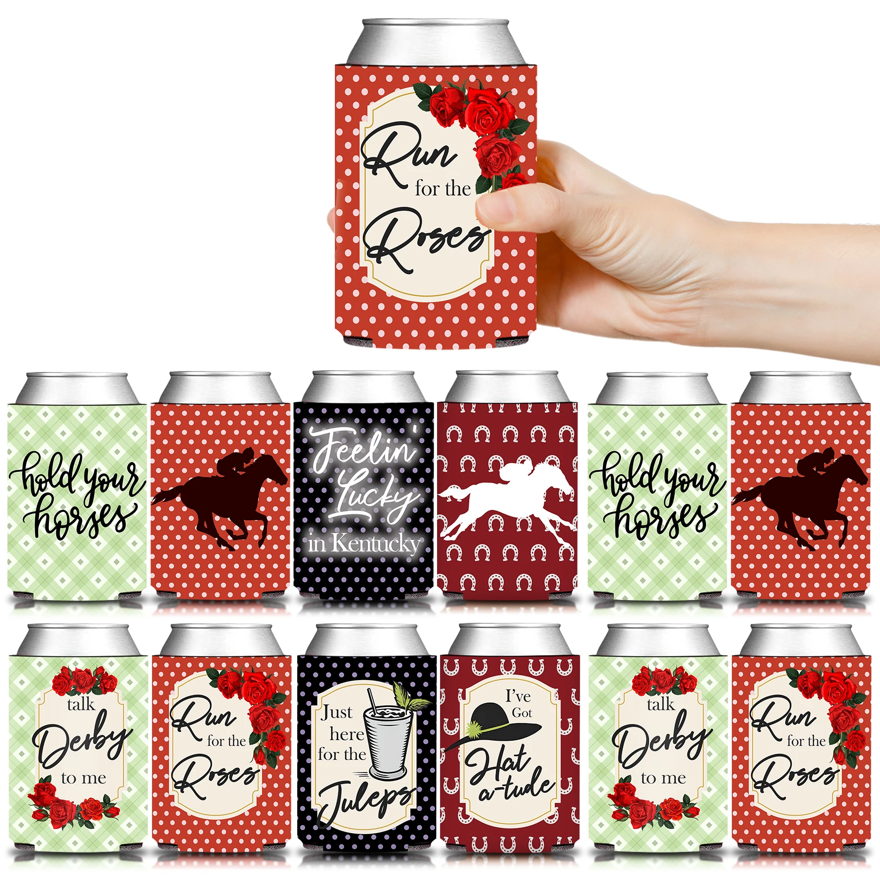 12 Fundas Térmicas Retro para Latas de Cerveza con Diseño de Carreras de Caballos, para Fiestas de Carreras de Caballos, Regalo para la Fiesta Run for the Rose Kentucky
