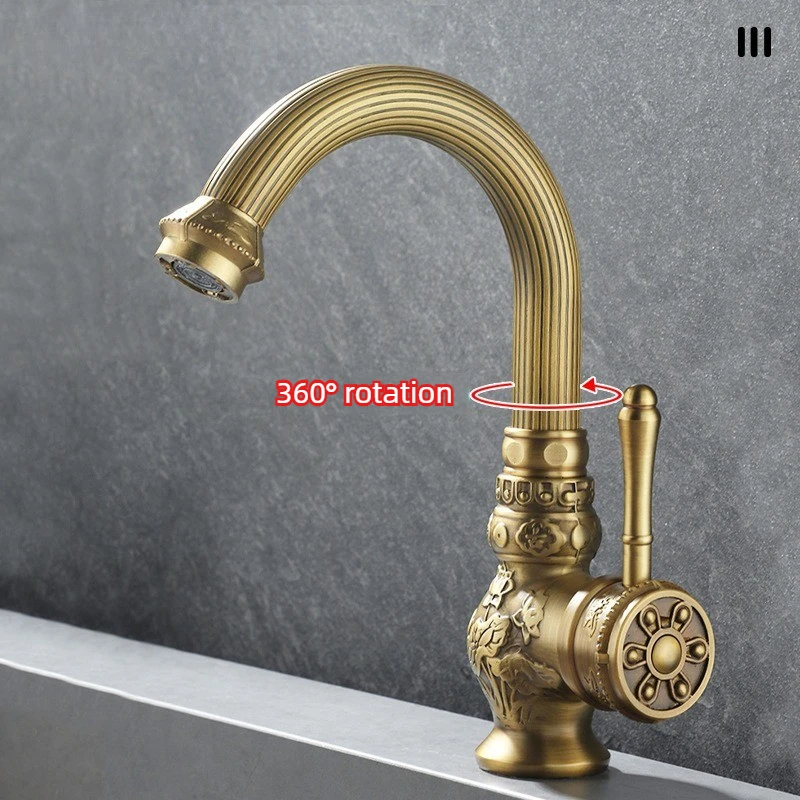 Ancient-style engraved copper body hot and cold rotating basin faucet