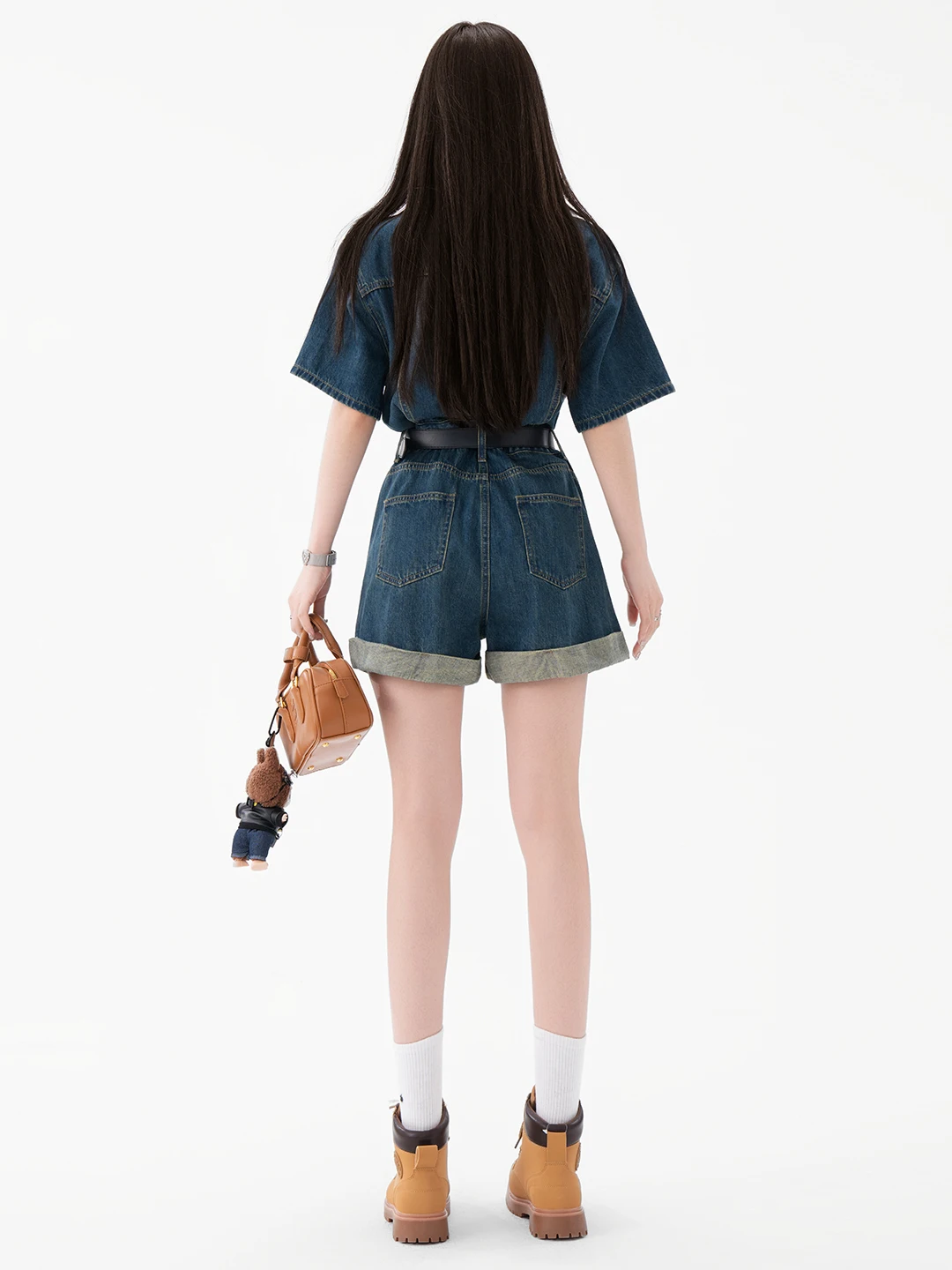 MGHG Retro High Waist Denim Jumpsuit Women's Autumn Faion Slimming ort Set Straight Leg Cotton Blend Cact Fabric