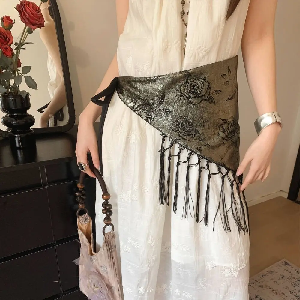 Fashion Chinese Style Triangular Waist Belt Tassel Printing Trim Butt Curtain Y2K Ethnic Style Floral Triangular Belt Layering