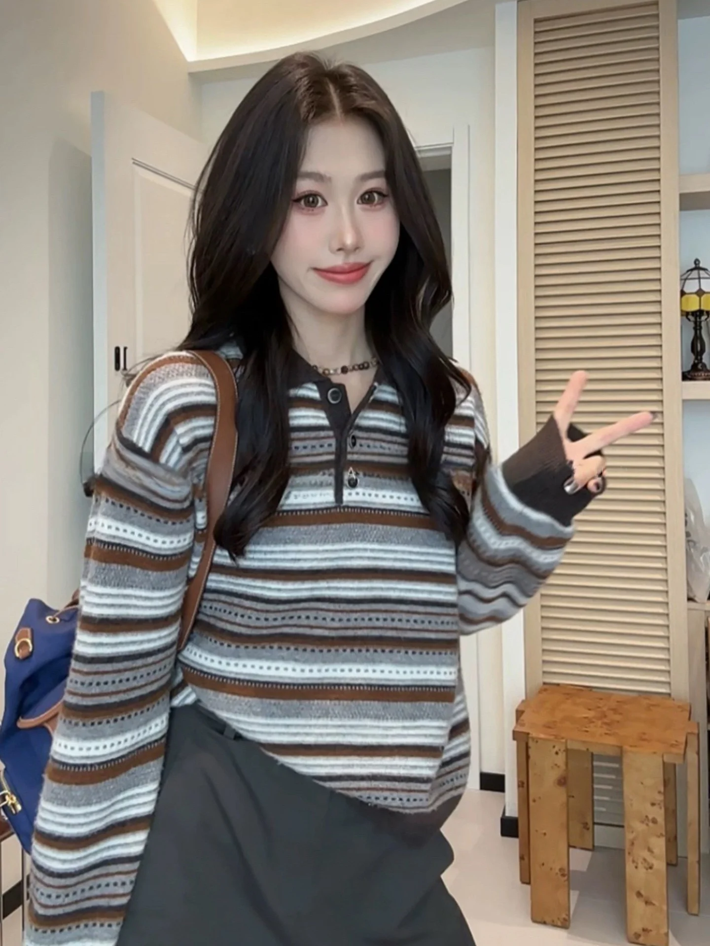 

Ele Striped Long Sve Knitwear Comfortable Women's Faion Early Autumn Base irt Top High-End European Brand