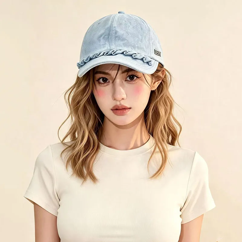 Japanese style demin pleated lace cap for women fashionable versatile show face small cowboy sunshade Duckbill Cap