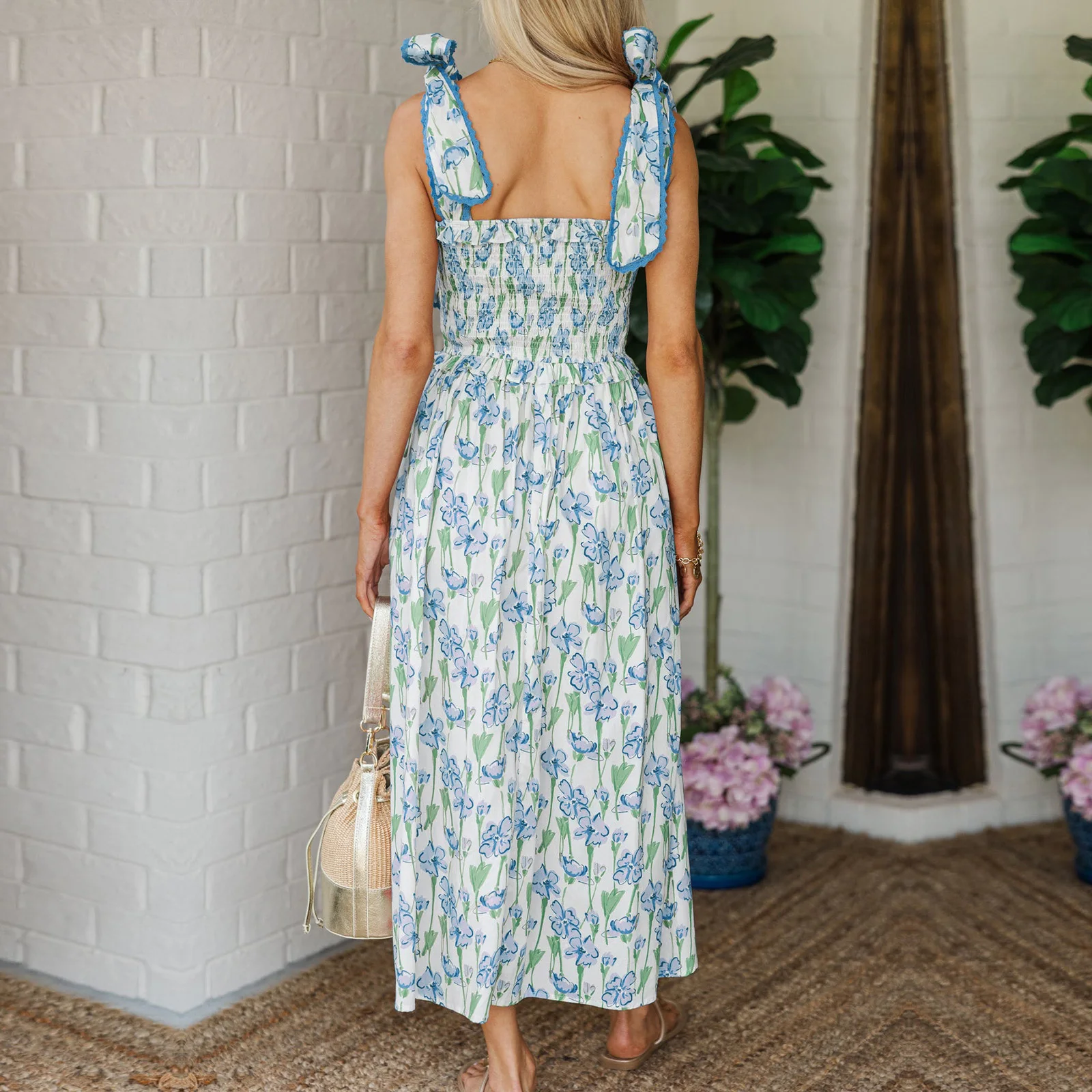 Abito estivo da donna Fairycore Grunge con cravatta floreale con spalle scoperte, collo quadrato smock, senza maniche, senza schienale, abito midi a trapezio