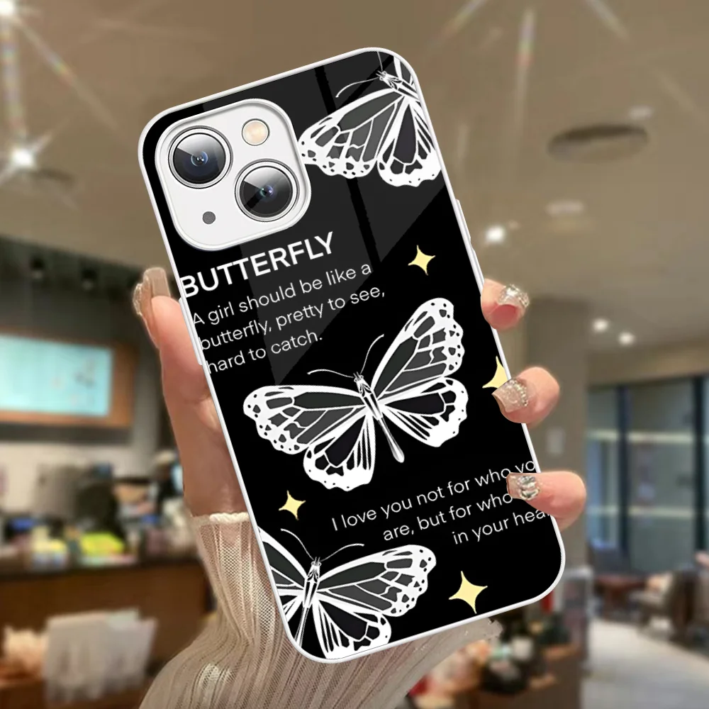 INS Cartoon Butterfly Minimalism Phone Case Tempered Glass For Iphone 14 13 12 11 Pro Mini XS MAX 14Plus X XS XR Fundas