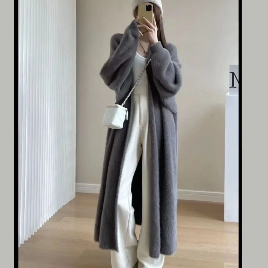 Gentle White Faux Mink Fur Coat for Women Medium to Long Length Sweater Lazy Style Knit Cardigan Jacket for Women