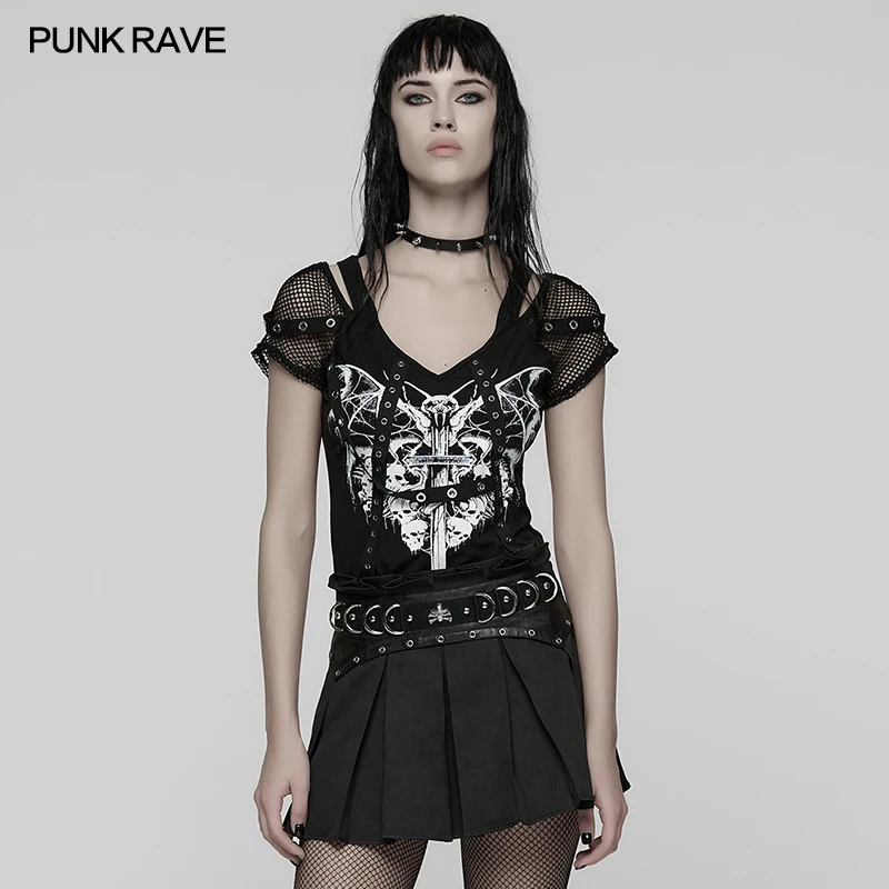 

PUNK RAVE Women Punk Skeleton Print T-shirt Fishnet Sleeve Goth Asymmetric Hem Top WT1057