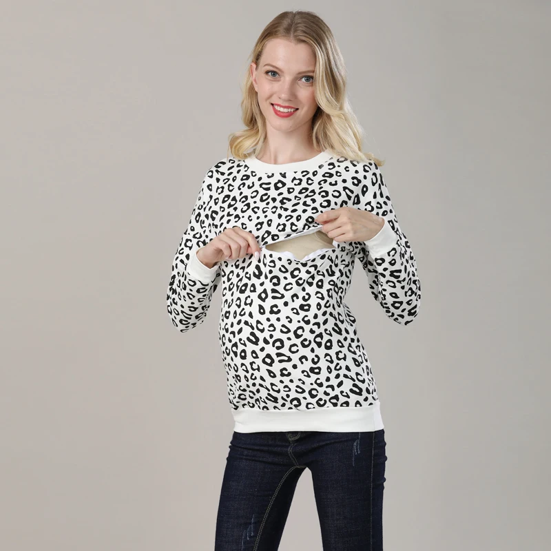 Plus Size Autumn Winter Maternity Sweater Tops Leopard Print Long Sleeve Hoodies Breastfeeding Nursing Tops For Pregnant Women