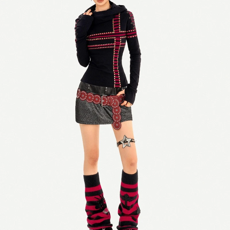 オリジナルデザインダークパンクフード付きストライプ長袖女性の Tシャツ秋の新パッチワーク痩身多用途 Tシャツレディース