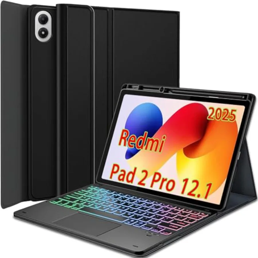 

Чехол-клавиатура с тачпадом для планшета Xiaomi Redmi Pad 2 Pro 12.1 дюйма 2025 года с 7-цветной радужной подсветкой, съемный, Bluetooth