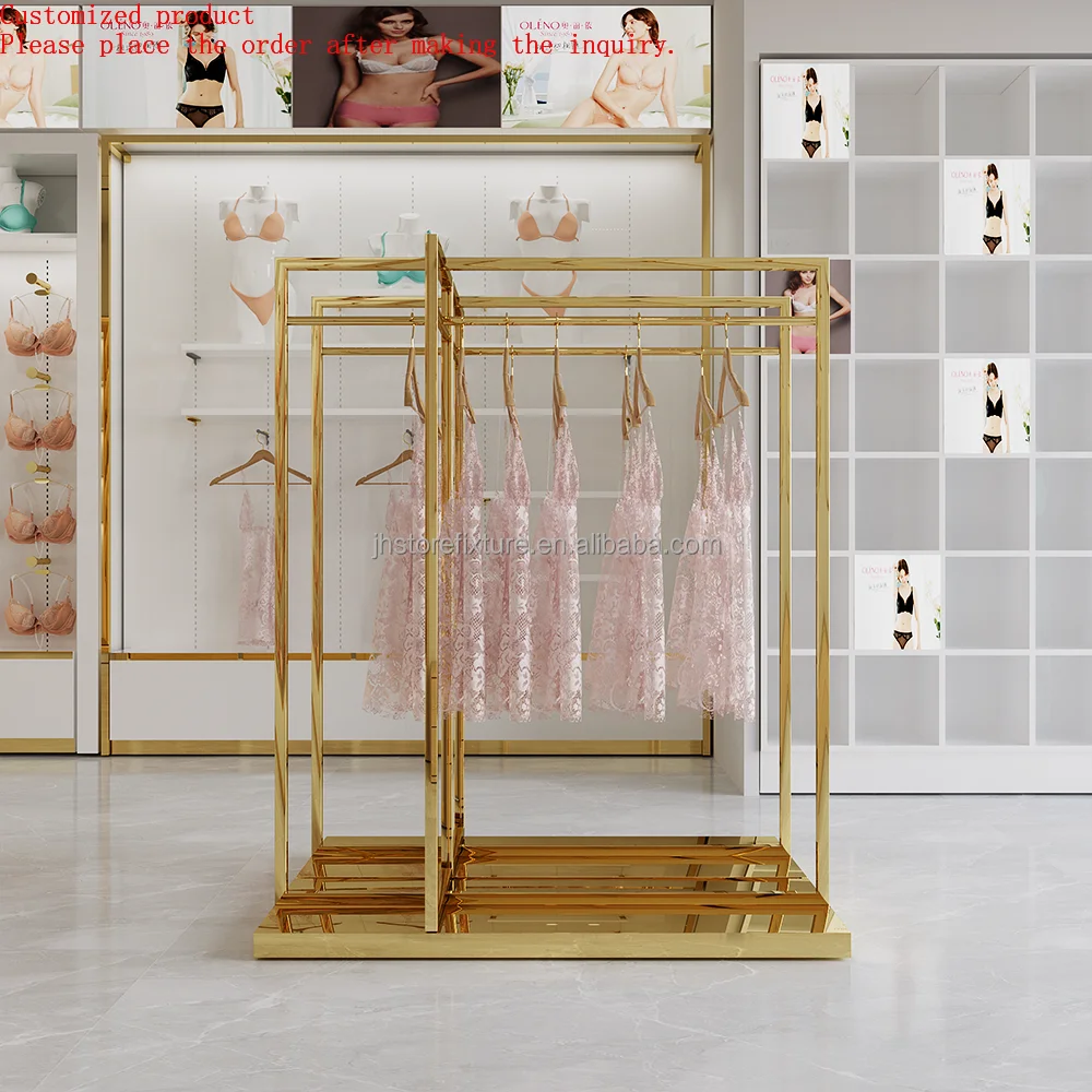 

3D Design Store Metal Display Rack Set for Lingerie Shiny Gold Underwear Display Stand Custom Led logo Board