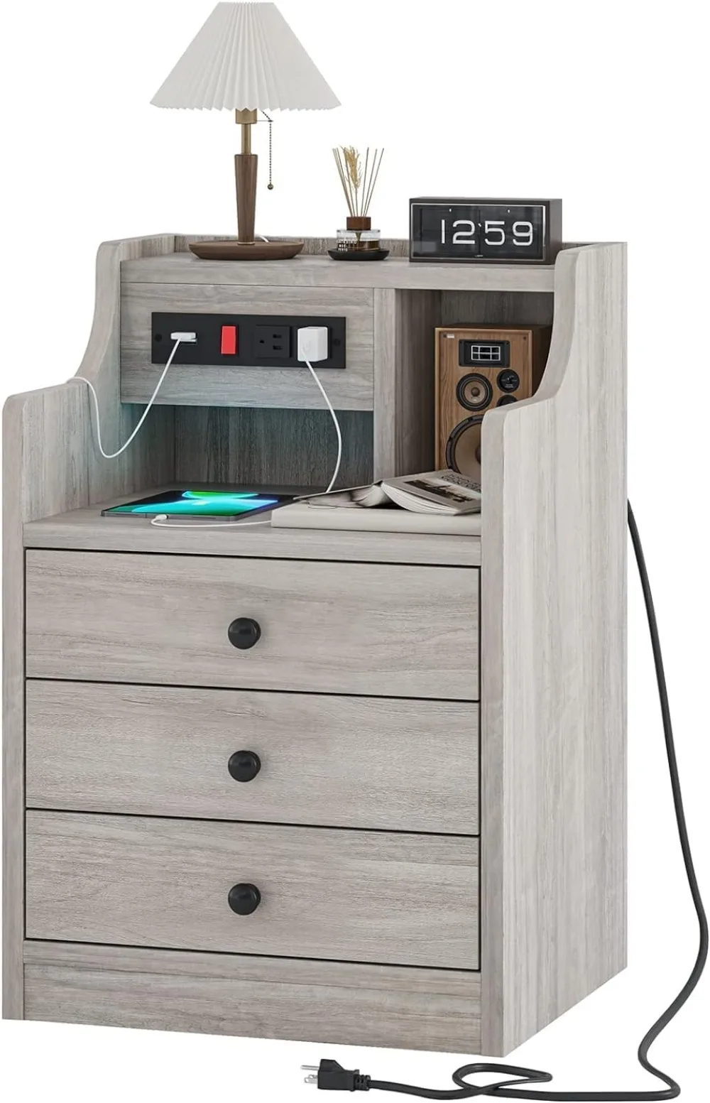 

Nightstand with Charging Station, Night Stands with Hutch,3 Drawers Bedroom End Table Bedside Table with 2 USB Ports & 2 Outslet