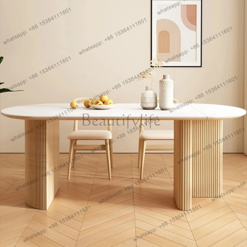 Solid wood foldable retractable rock slab dining table oval medium and ancient style small apartment modern simple against