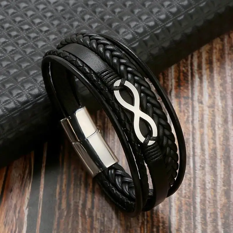 Multi-Layer Men Leather Bracelet Stainless Steel Infinity Symbol Charm Fashion Classic Bracelets for Men Jewelry Gift