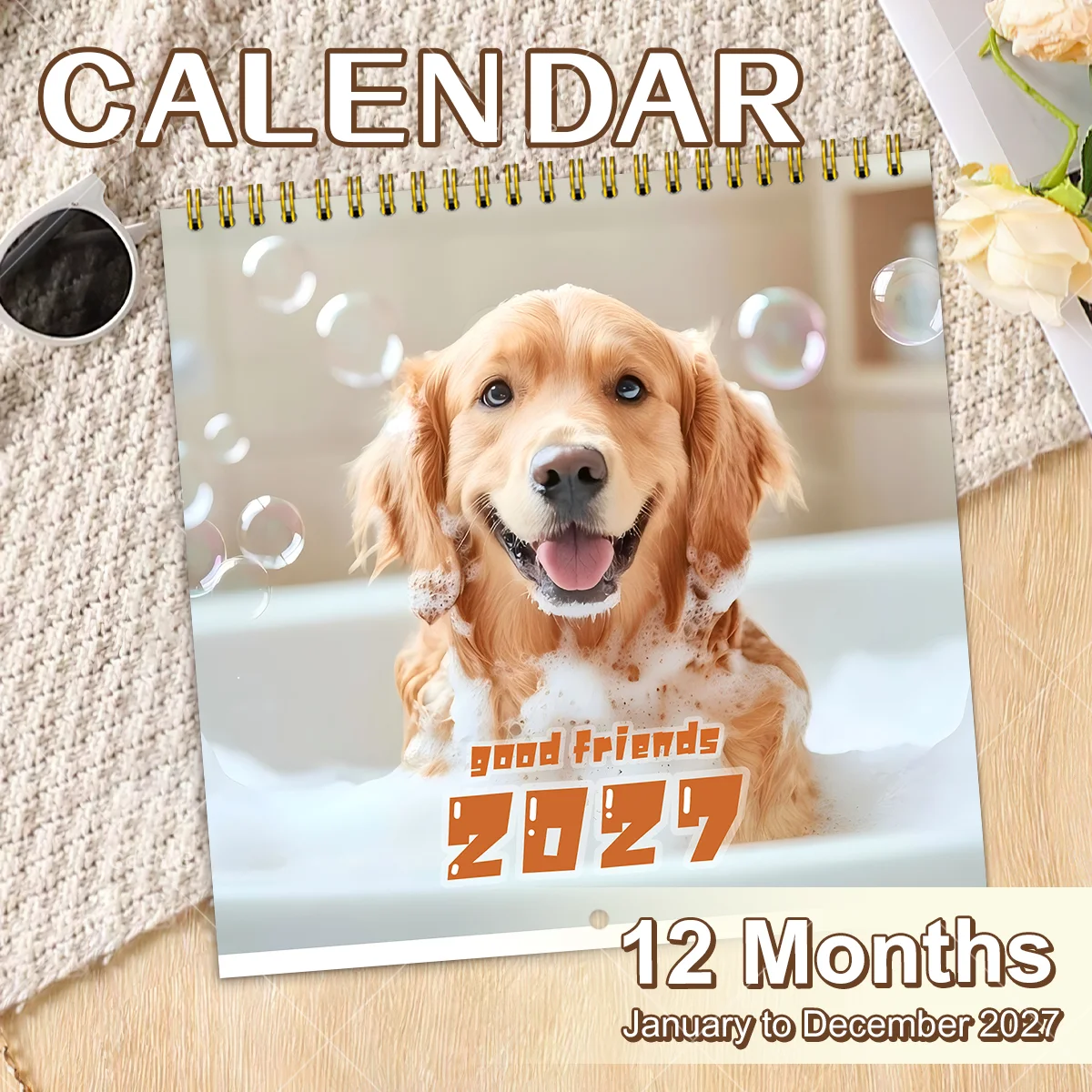 1pc 2027 Good Friends Golden Retriever Wall Calendar Spiral Binding Monthly Planner Gift For Dog Lovers Bedroom Wall Decor