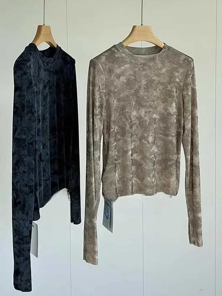 

Прохладная легкая женская футболка Long Sve, корейская футболка с диффузией водяных чернил, весеннее новое поступление, дышащая асимметричная де...