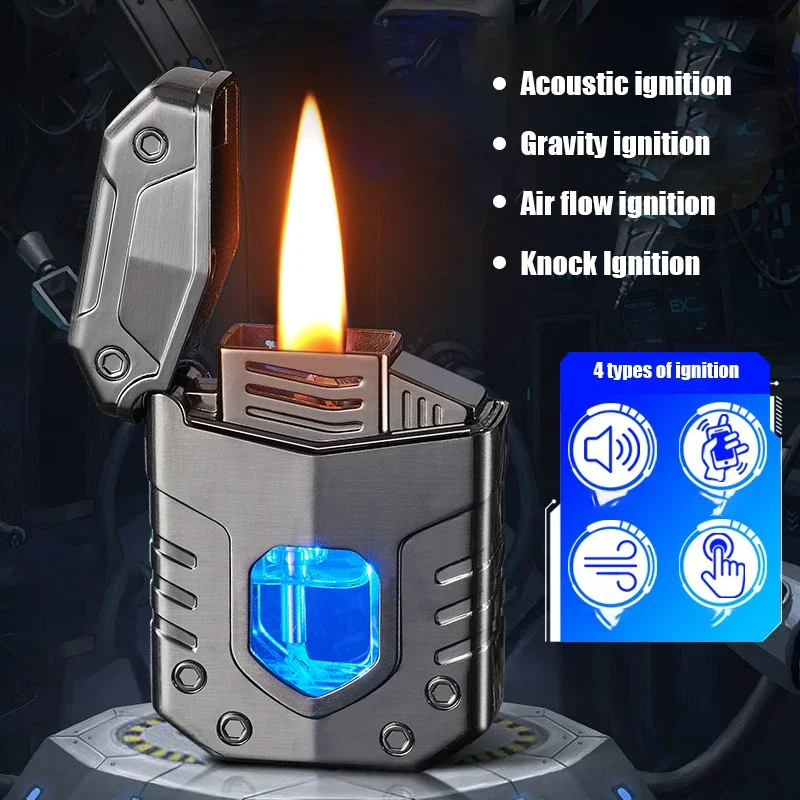 

2024 New Voice Controlled Kerosene Lighter LED Blue Light Transparent Oil Bin Cool Mech Style Lighter Intelligent Ignition Gift