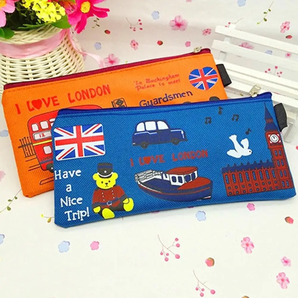 Cartoon London Style Students Pencil Bag Pen Case Zipper Cosmetic Pouch Coin Purse Stationery for School Office Suppliers