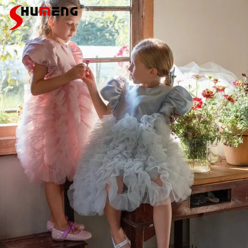 

Розово-голубое платье для девочек в стиле принцессы, летняя коллекция, праздничное платье для отпуска, короткое платье с пышными рукавами и цветочным узором на день рождения