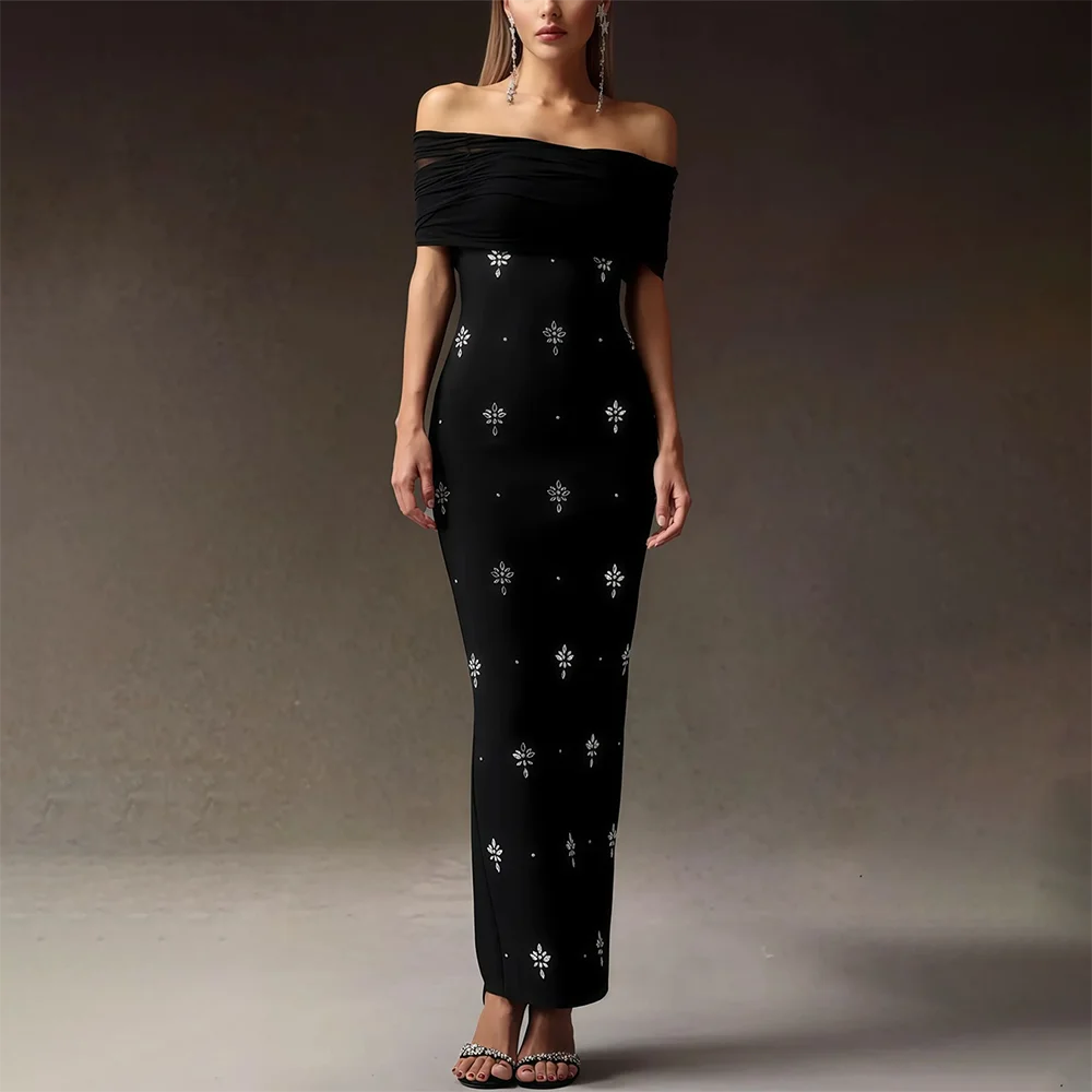 فستان حفلة موسيقية أسود قبالة الكتف قارب الرقبة الكاحل طول فستان الحفلات كريستال جيرسي مفتوح الظهر مستقيم فساتين السهرة حسب الطلب #1