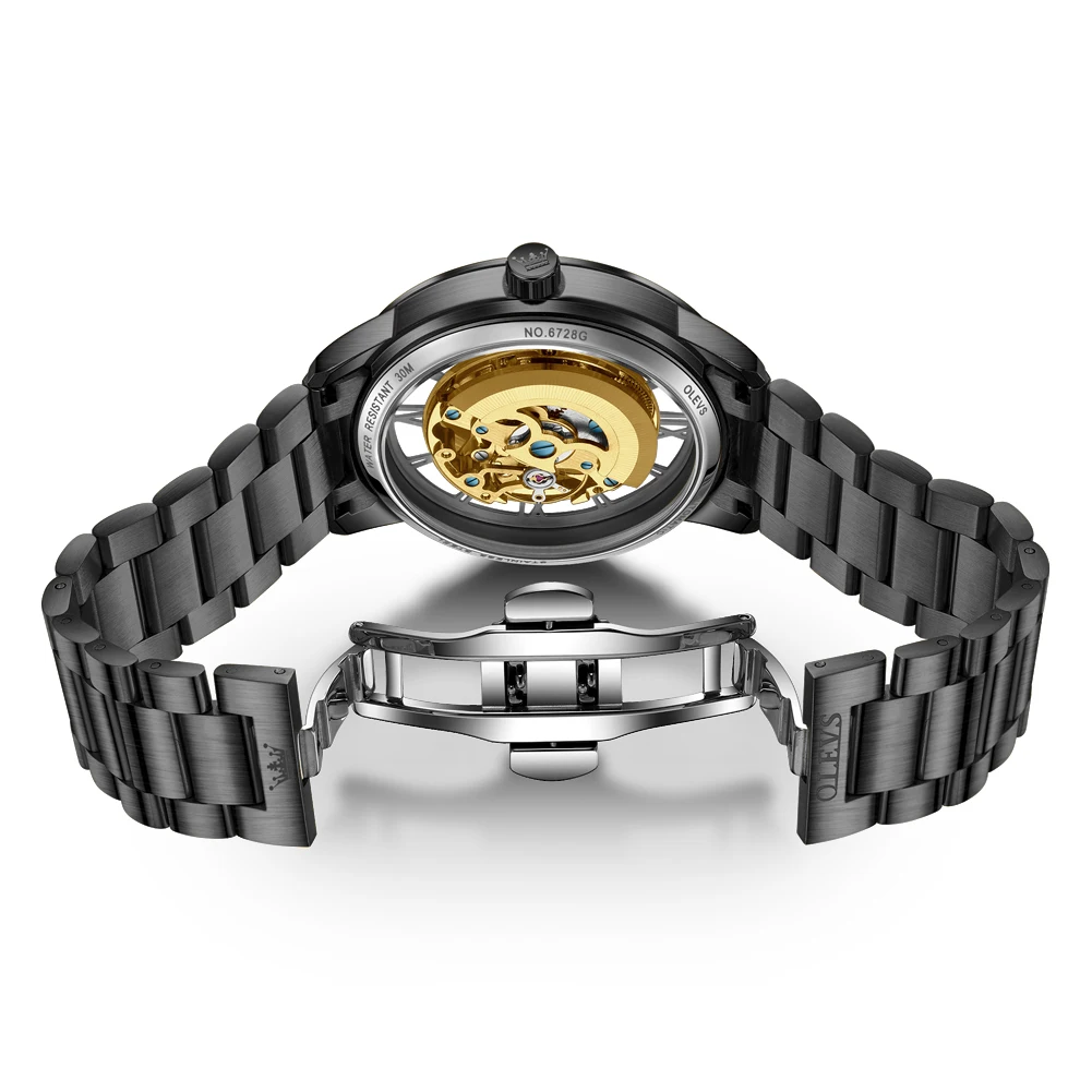 ساعة OLEVS أوتوماتيكية بهيكل عظمي شفاف للرجال بحركة ذهبية ماركة فاخرة ساعات ميكانيكية من الفولاذ المقاوم للصدأ باللون الأسود #5