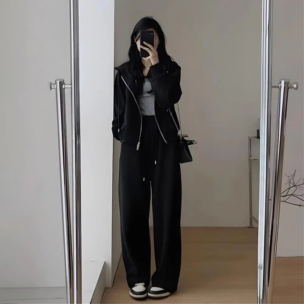 

Hooded Sweater Wide-leg Pants Two-piece Suit Women Zipper pocket Lace Up Pant Set 2024 Spring Summer Lady Sports Casual Outfit
