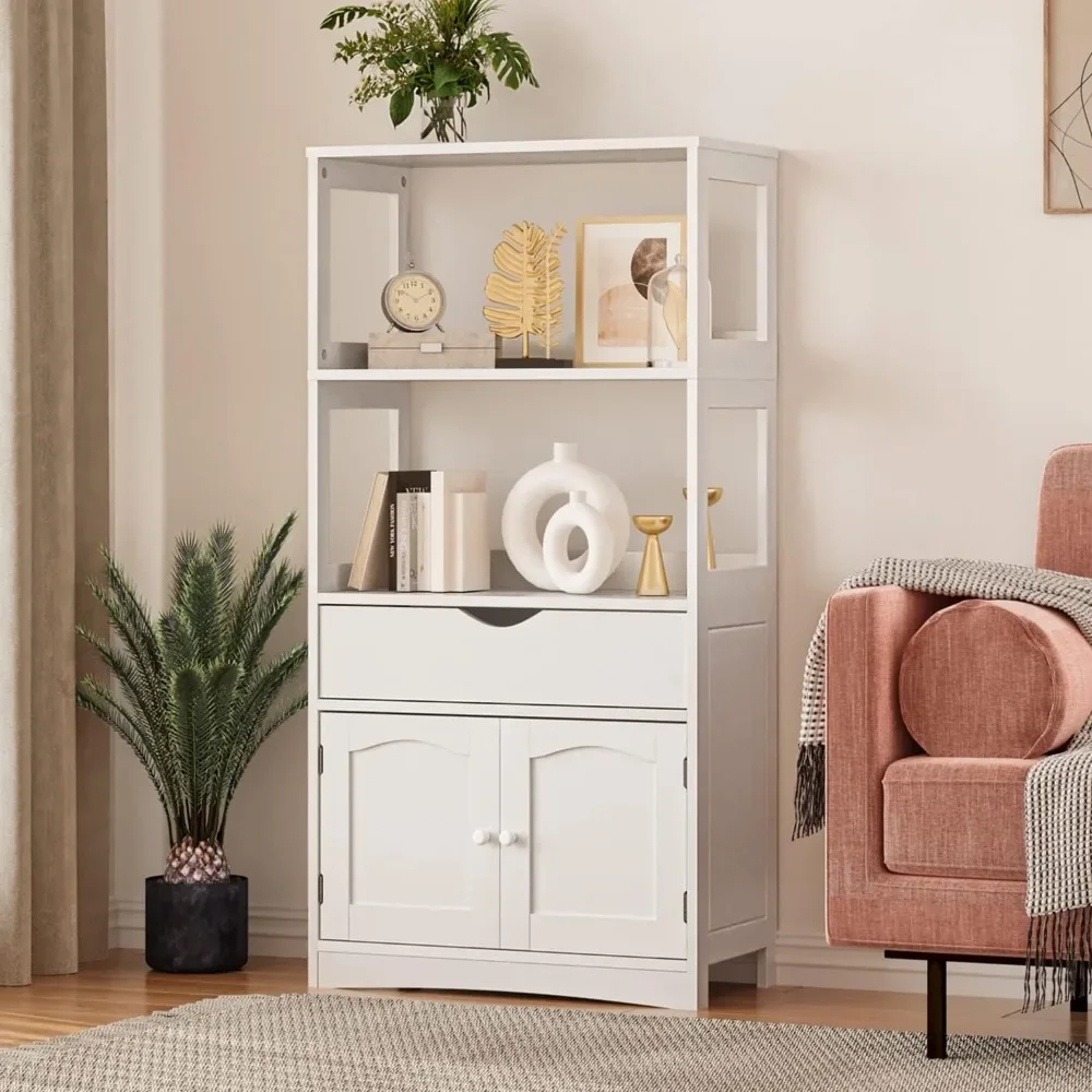 Sideboard Storage Cabinet with 2 Open Shelves, 1 Drawer and 1 Cupboard Kitchen Pantry Storage Cabinet with Microwave Space