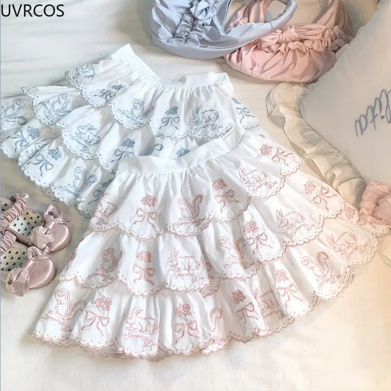 Estate giapponese Kawaii dolce minigonna donna dolce fiocco coniglietto ricamo carino gonne femminili eleganti gonne a strati Lolita fata