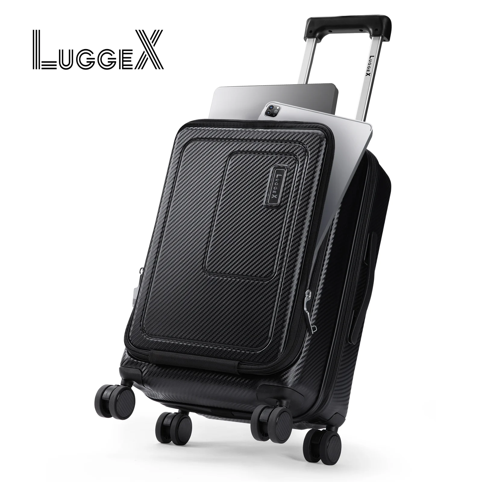 LUGGEX Equipaje de mano con bolsillo frontal, maletas duras de policarbonato con ruedas, estilo fibra de carbono (negro, 20 pulgadas, 32 L)