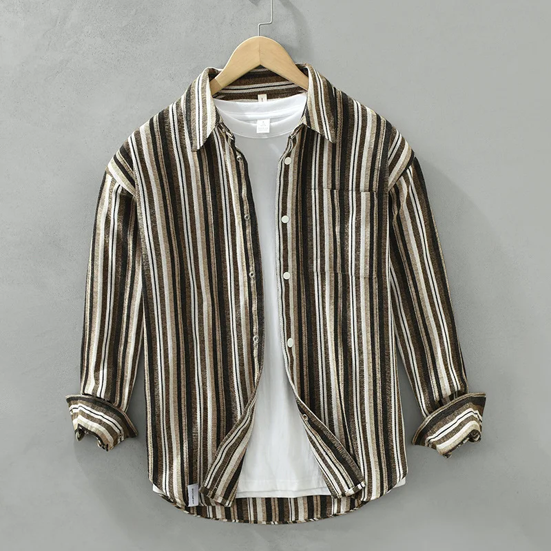 

6782 Men's Soft Cozy Shirts Spring Fall New Fashion Japan Style All Match Loose Casual Classic Striped Blouses Vintage Tops Male