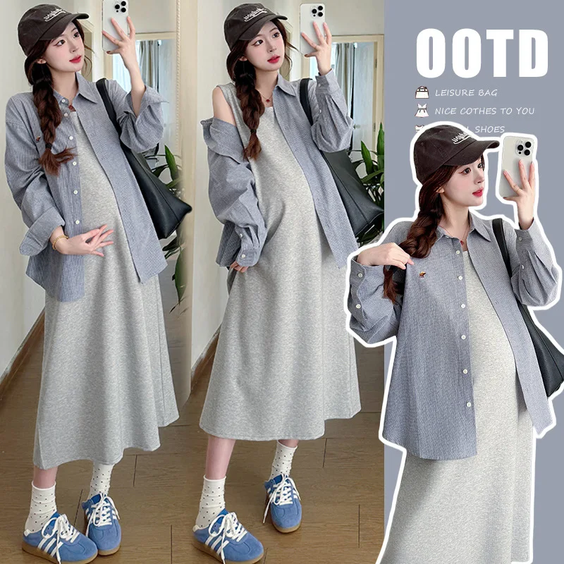 

2025 French Style Pregnancy Outfit Early Autumn Sleeveless Dress with Oversized Striped Shirt Korean Inspired Two Piece Set