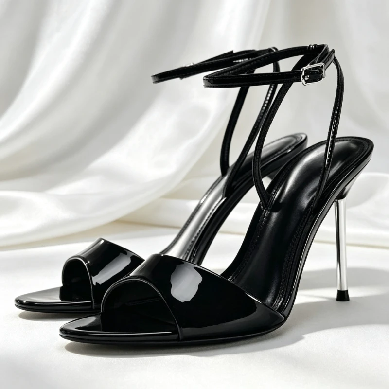 

High Quality Patent Leather Thin Heeled Sandal Women Sexy Open Toe Ankle Strap Elegant Heels Ladies Wedding Bridal Designer Shoe