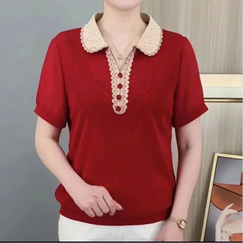New Summer Style Mother Fashion Lapel Fashionable Solid Color Diamond Versatile Top Temperament Short-sleeved T-shirt