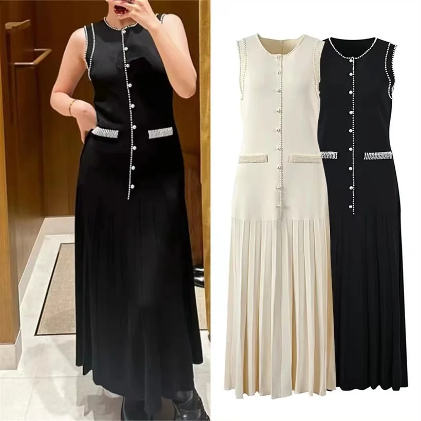 2024 New High Quality French Summer Pearl Decoration Knitted Long Dress Elegant Women O Neck Sleeveless Tank Black Pleated Robe