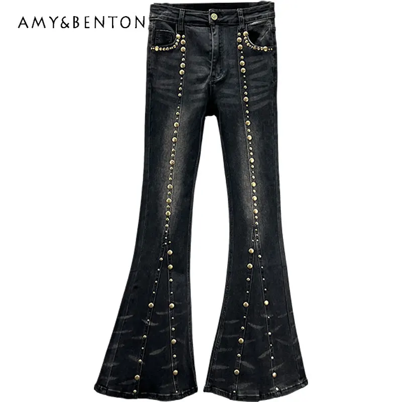 

Denim Boot Cut Pants Women's Y2k Clothes Fashionable 2023 New Autumn Elastic Slimming Rivet Mop Denim Trouser High Waisted Jeans