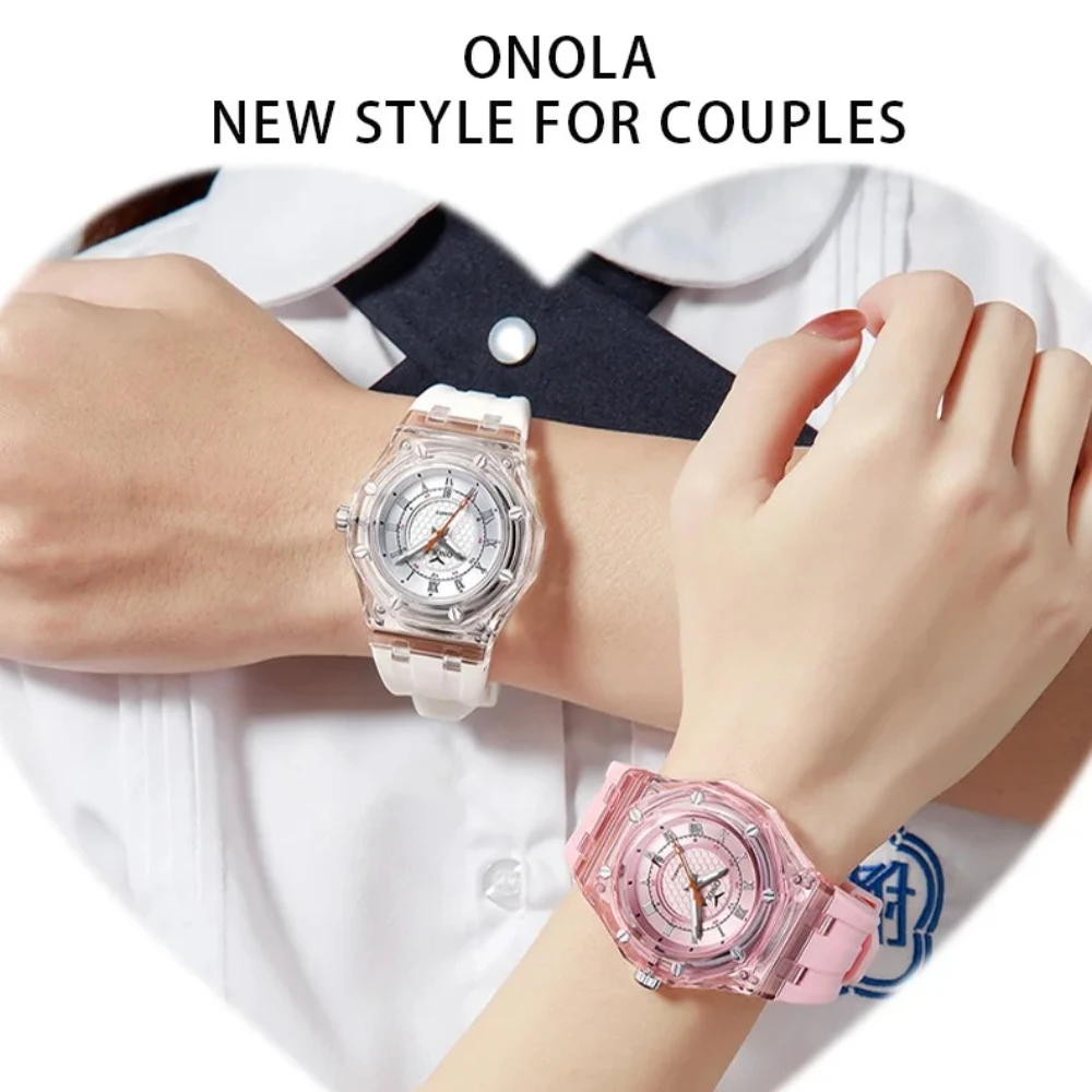 ONOLA 3857 Fashion Couple Watch Mens and Womens Sports Waterproof Transparent Plastic Silicone Calendar Luminous Quartz Watch