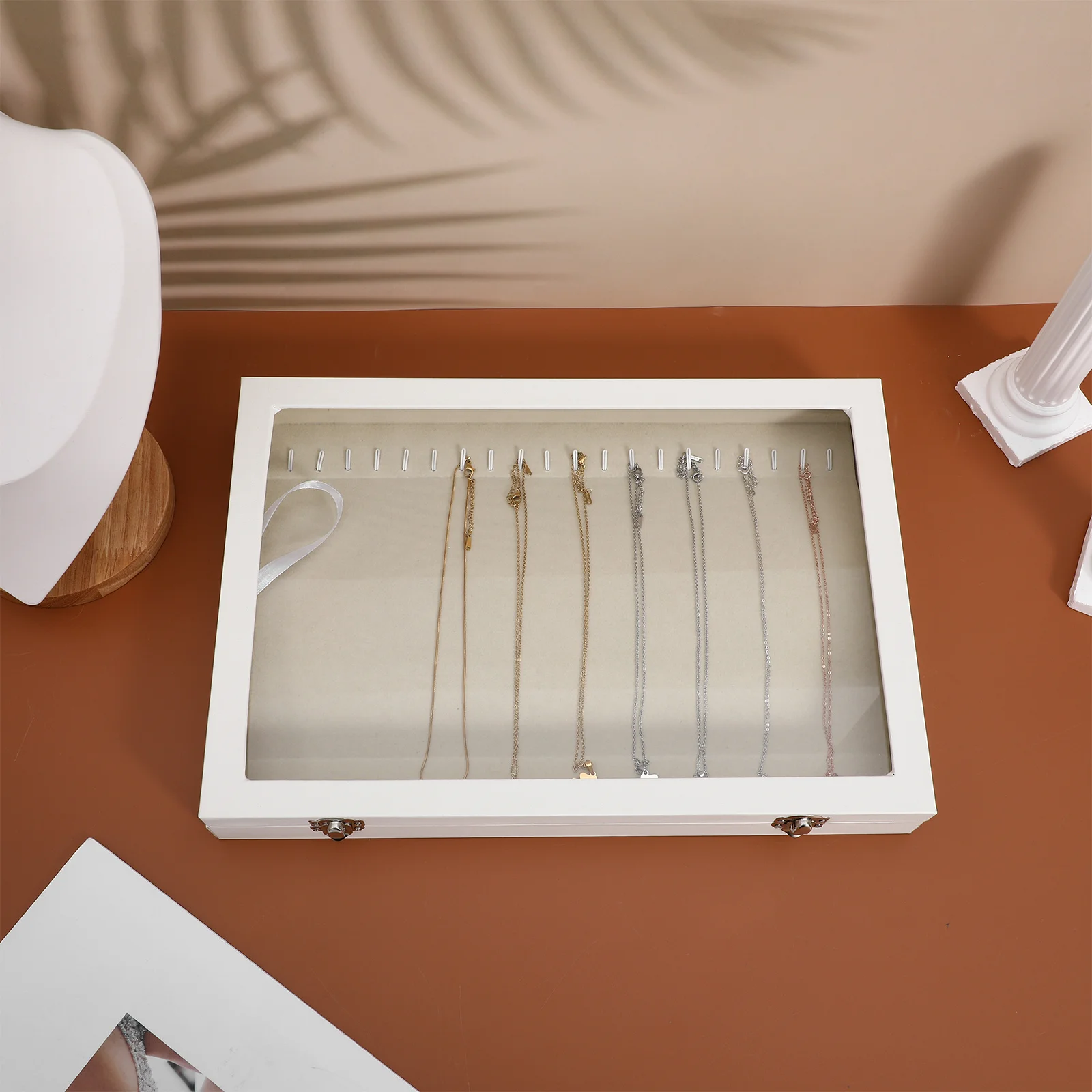 

Wooden Necklace Organizer Box Clear Lid Jewelry Display Case Hook Tray for Women Closet Drawer Storage Necklaces Organizer